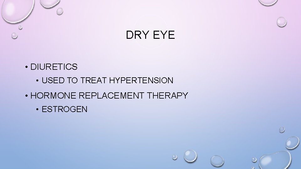 DRY EYE • DIURETICS • USED TO TREAT HYPERTENSION • HORMONE REPLACEMENT THERAPY •