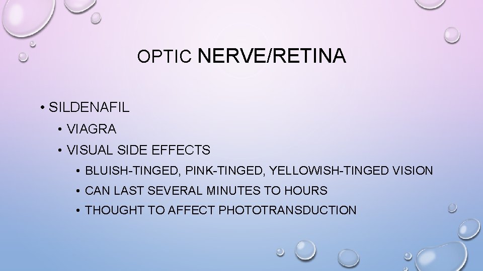 OPTIC NERVE/RETINA • SILDENAFIL • VIAGRA • VISUAL SIDE EFFECTS • BLUISH-TINGED, PINK-TINGED, YELLOWISH-TINGED