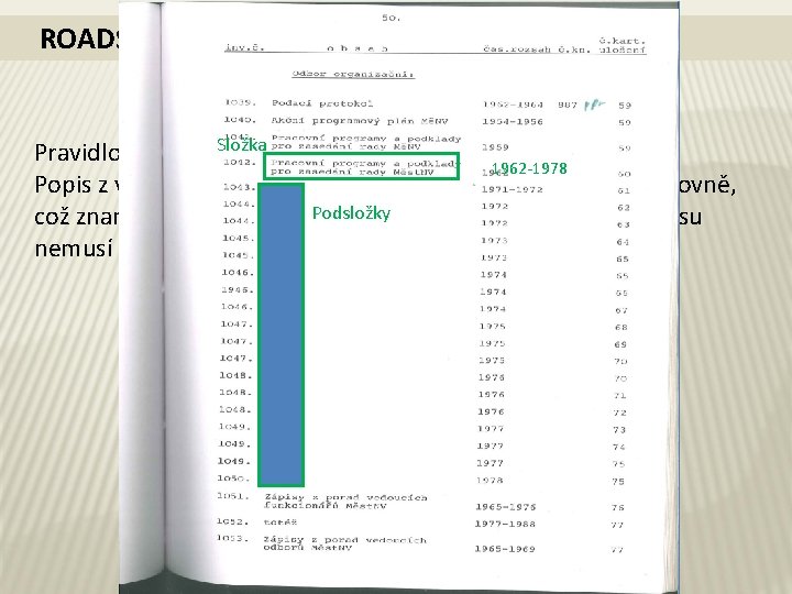 ROADSHOW 2014 -2015 Složka informací Pravidlo neopakování 1962 -1978 Popis z vyšších úrovní popisu