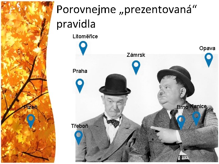 Porovnejme „prezentovaná“ pravidla Litoměřice Opava Zámrsk Praha Brno Kanice Plzeň Třeboň 