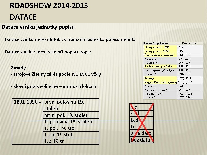 ROADSHOW 2014 -2015 DATACE Datace vzniku jednotky popisu Datace vzniku nebo období, v němž