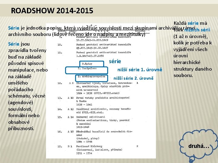 ROADSHOW 2014 -2015 Každá série má Série je jednotka popisu, která vyjadřuje souvislosti mezi