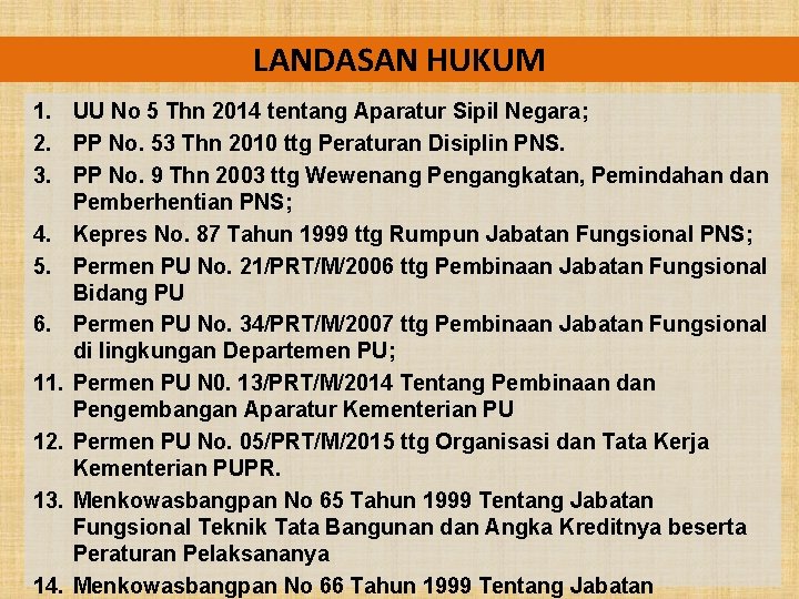 LANDASAN HUKUM 1. UU No 5 Thn 2014 tentang Aparatur Sipil Negara; 2. PP