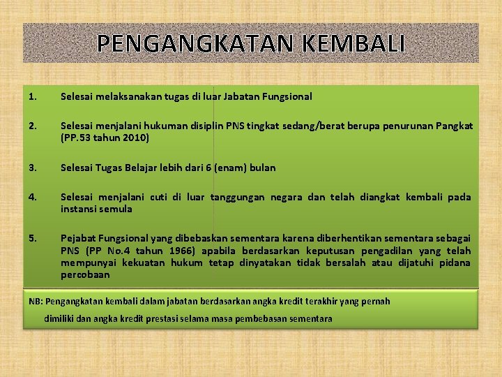 PENGANGKATAN KEMBALI 1. Selesai melaksanakan tugas di luar Jabatan Fungsional 2. Selesai menjalani hukuman