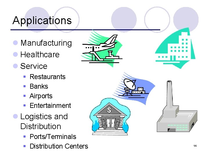 Applications l Manufacturing l Healthcare l Service § § Restaurants Banks Airports Entertainment l