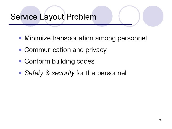 Service Layout Problem § Minimize transportation among personnel § Communication and privacy § Conform