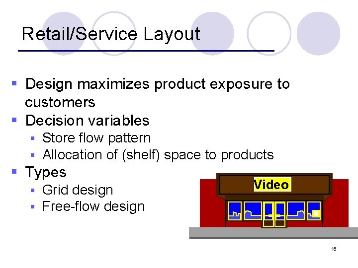 Retail/Service Layout § Design maximizes product exposure to customers § Decision variables § §