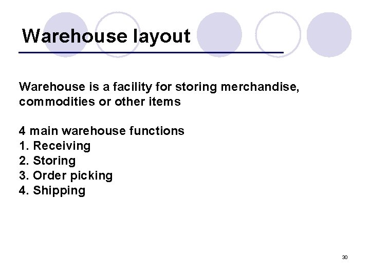 Warehouse layout Warehouse is a facility for storing merchandise, commodities or other items 4