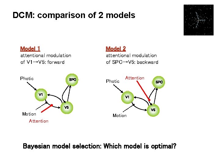 DCM: comparison of 2 models Model 1 Model 2 attentional modulation of V 1→V