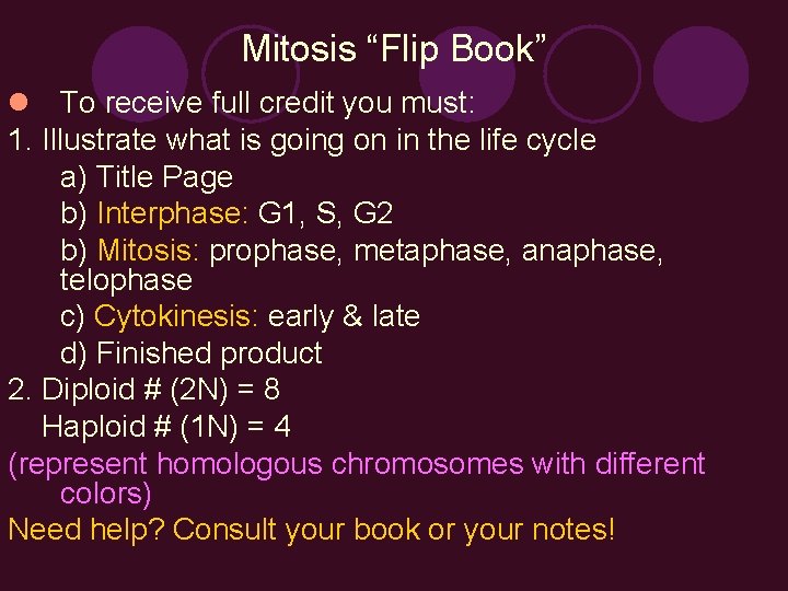 Mitosis “Flip Book” l To receive full credit you must: 1. Illustrate what is