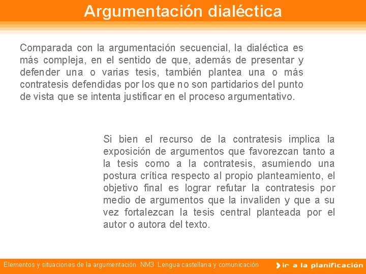 Argumentación dialéctica Comparada con la argumentación secuencial, la dialéctica es más compleja, en el
