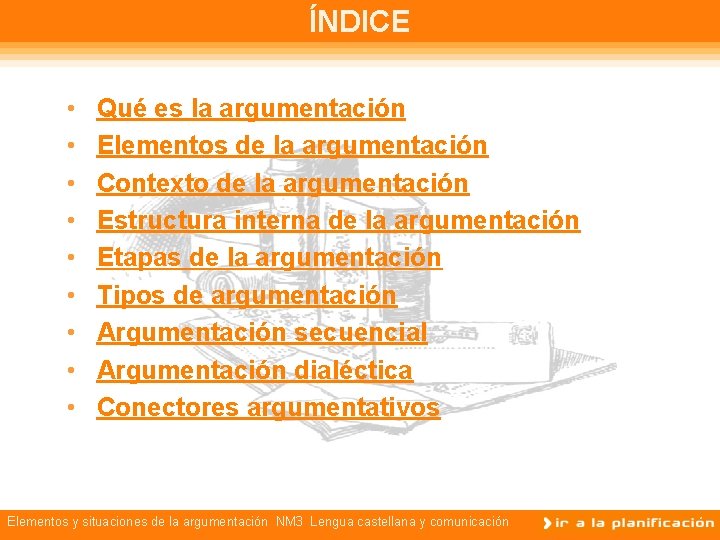 ÍNDICE • • • Qué es la argumentación Elementos de la argumentación Contexto de