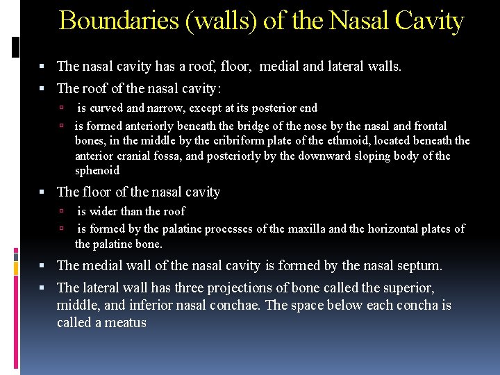 Boundaries (walls) of the Nasal Cavity The nasal cavity has a roof, floor, medial