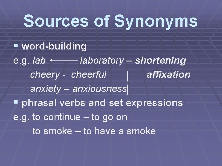 Sources of Synonyms § word-building e. g. laboratory – shortening cheery - cheerful affixation