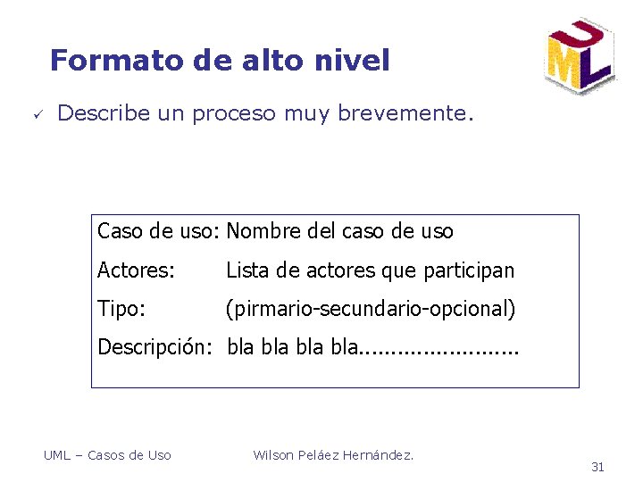 Formato de alto nivel ü Describe un proceso muy brevemente. Caso de uso: Nombre Formato de alto nivel ü Describe un proceso muy brevemente. Caso de uso: Nombre