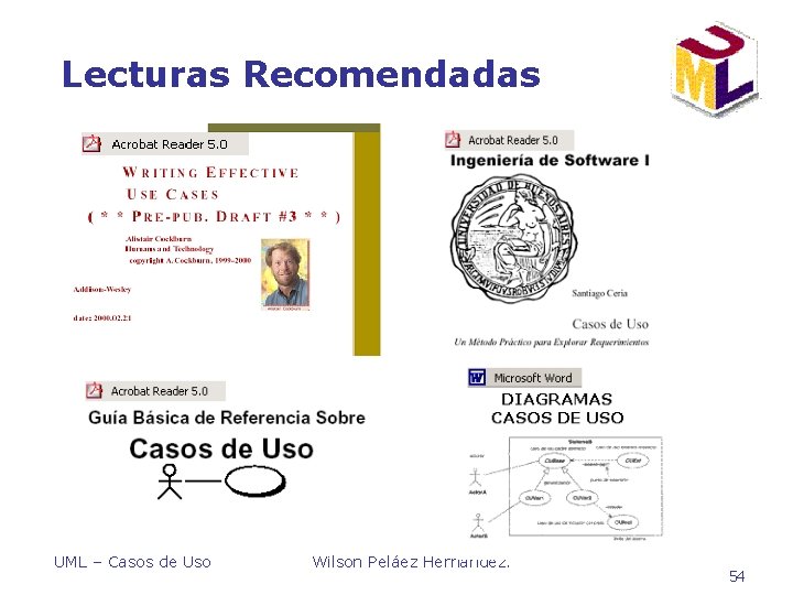 Lecturas Recomendadas UML – Casos de Uso Wilson Peláez Hernández. 54 Lecturas Recomendadas UML – Casos de Uso Wilson Peláez Hernández. 54