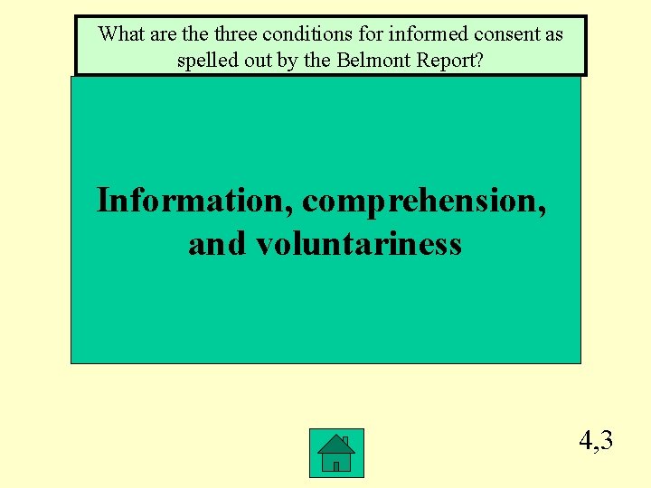 What are three conditions for informed consent as spelled out by the Belmont Report?