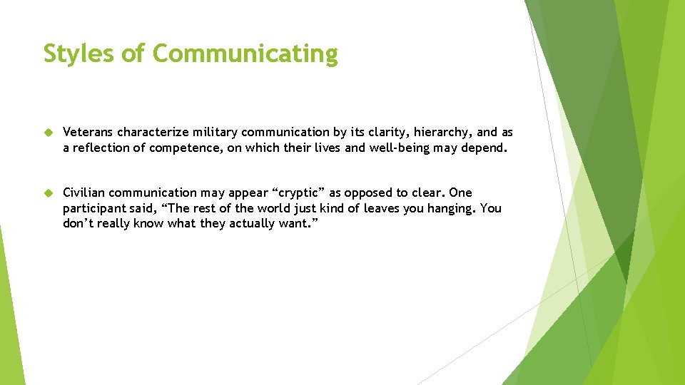 Styles of Communicating Veterans characterize military communication by its clarity, hierarchy, and as a