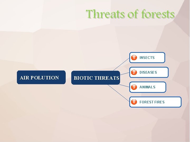 Threats of forests AIR POLUTION 1 INSECTS 2 DISEASES 3 ANIMALS 4 FOREST FIRES