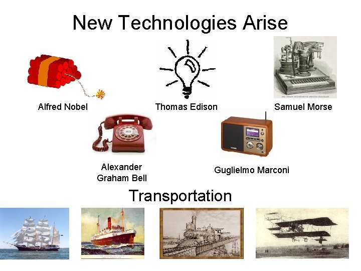 New Technologies Arise Alfred Nobel Thomas Edison Alexander Graham Bell Samuel Morse Guglielmo Marconi