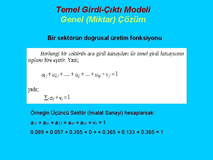 Temel Girdi-Çıktı Modeli Genel (Miktar) Çözüm Bir sektörün doğrusal üretim fonksiyonu Örneğin Üçüncü Sektör