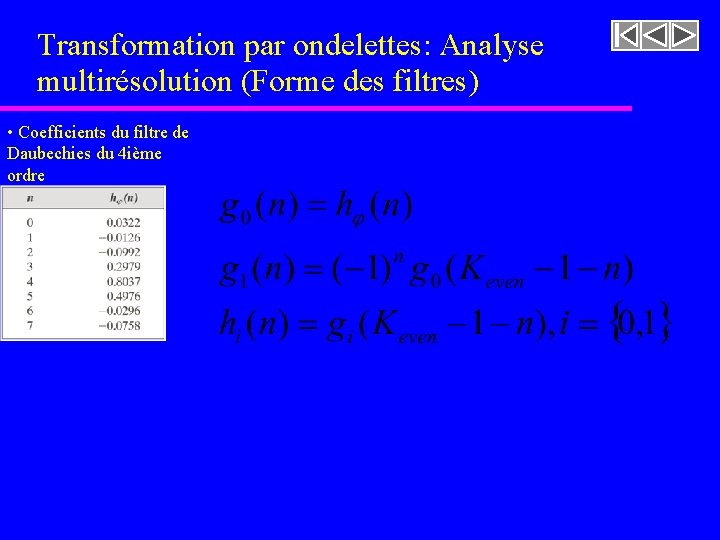 Transformation par ondelettes: Analyse multirésolution (Forme des filtres) • Coefficients du filtre de Daubechies Transformation par ondelettes: Analyse multirésolution (Forme des filtres) • Coefficients du filtre de Daubechies