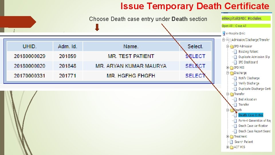 Issue Temporary Death Certificate Choose Death case entry under Death section 