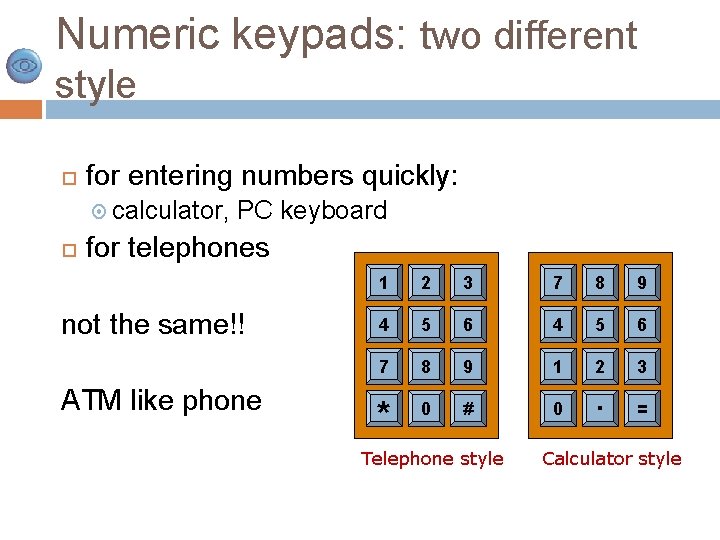 Numeric keypads: two different style for entering numbers quickly: calculator, PC keyboard for telephones