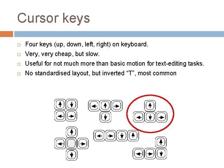 Cursor keys Four keys (up, down, left, right) on keyboard. Very, very cheap, but