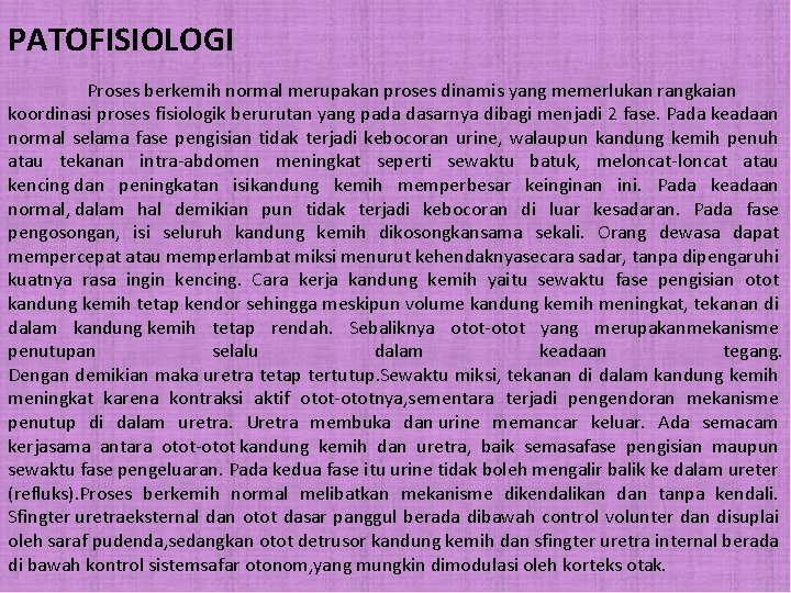 PATOFISIOLOGI Proses berkemih normal merupakan proses dinamis yang memerlukan rangkaian koordinasi proses fisiologik berurutan