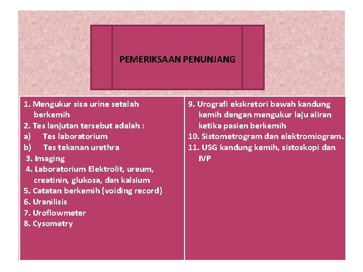  PEMERIKSAAN PENUNJANG 1. Mengukur sisa urine setelah berkemih 2. Tes lanjutan tersebut adalah