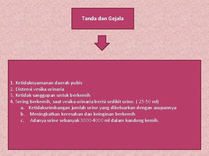 Tanda dan Gejala 1. Ketidaknyamanan daerah pubis 2. Distensi vesika urinaria 3. Ketidak sanggupan Tanda dan Gejala 1. Ketidaknyamanan daerah pubis 2. Distensi vesika urinaria 3. Ketidak sanggupan