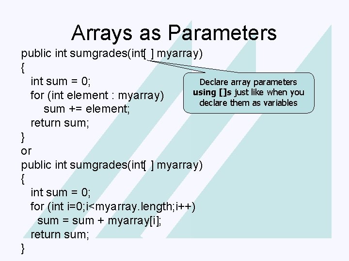 Click Arrays to editas. Master Parameters title style public int sumgrades(int[ ] myarray) {