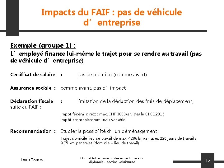 Impacts du FAIF : pas de véhicule d’entreprise Exemple (groupe 1) : L’employé finance