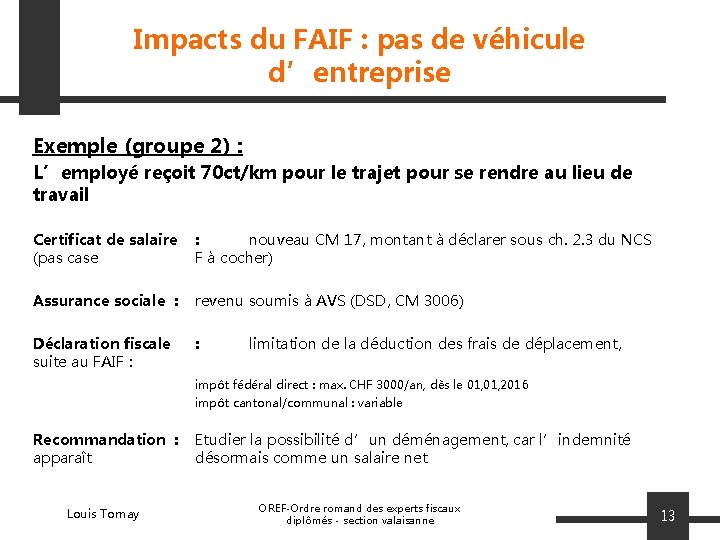 Impacts du FAIF : pas de véhicule d’entreprise Exemple (groupe 2) : L’employé reçoit