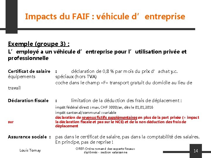 Impacts du FAIF : véhicule d’entreprise Exemple (groupe 3) : L’employé a un véhicule