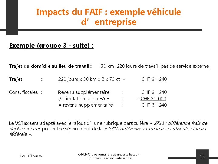 Impacts du FAIF : exemple véhicule d’entreprise Exemple (groupe 3 - suite) : Trajet