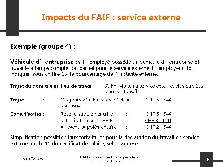 Impacts du FAIF : service externe Exemple (groupe 4) : Véhicule d’entreprise : si