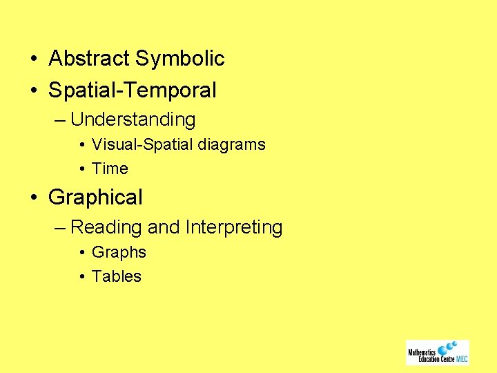  • Abstract Symbolic • Spatial-Temporal – Understanding • Visual-Spatial diagrams • Time •