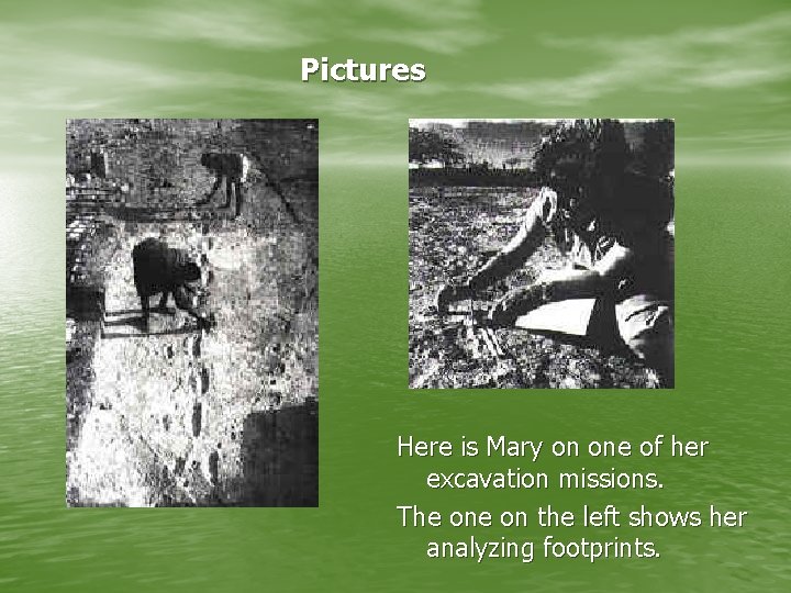 Pictures Here is Mary on one of her excavation missions. The on the left