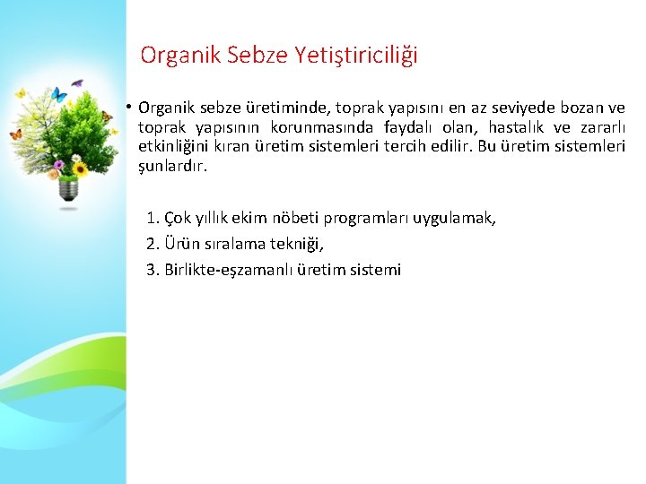 Organik Sebze Yetiştiriciliği • Organik sebze üretiminde, toprak yapısını en az seviyede bozan ve
