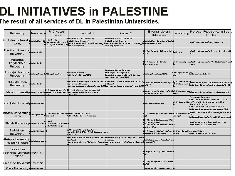 DL INITIATIVES in PALESTINE The result of all services of DL in Palestinian Universities. DL INITIATIVES in PALESTINE The result of all services of DL in Palestinian Universities.
