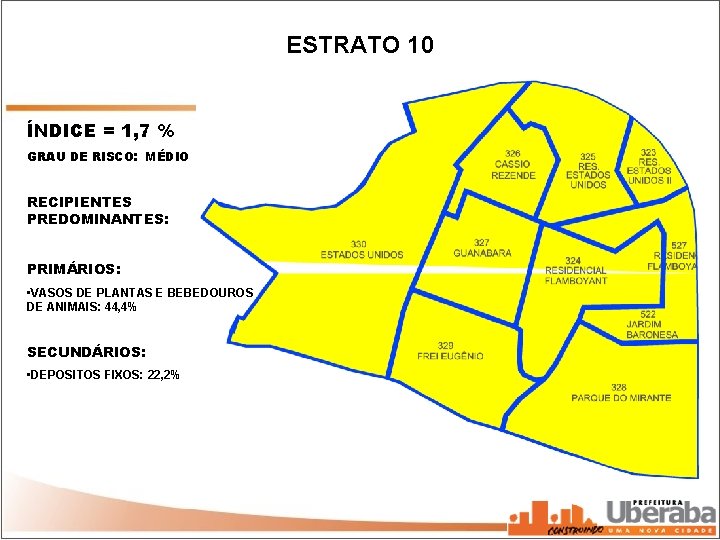 ESTRATO 10 ÍNDICE = 1, 7 % GRAU DE RISCO: MÉDIO RECIPIENTES PREDOMINANTES: PRIMÁRIOS: