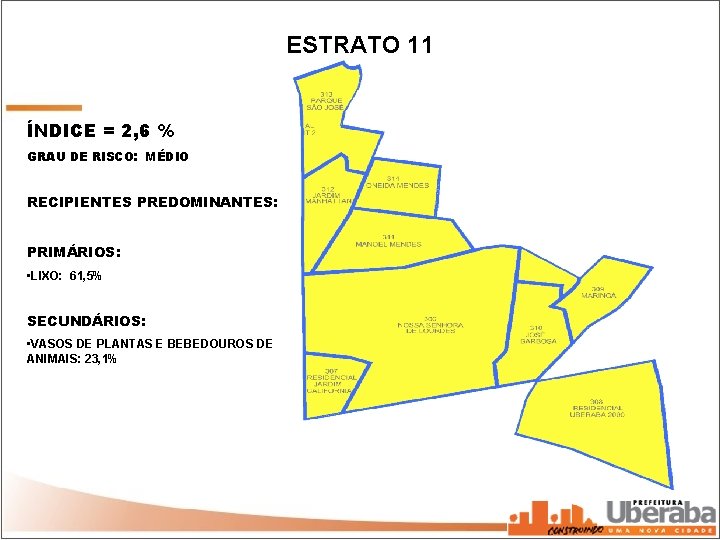 ESTRATO 11 ÍNDICE = 2, 6 % GRAU DE RISCO: MÉDIO RECIPIENTES PREDOMINANTES: PRIMÁRIOS: