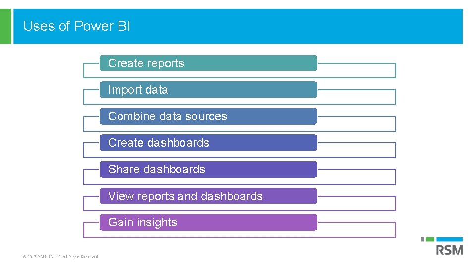 Uses of Power BI Create reports Import data Combine data sources Create dashboards Share