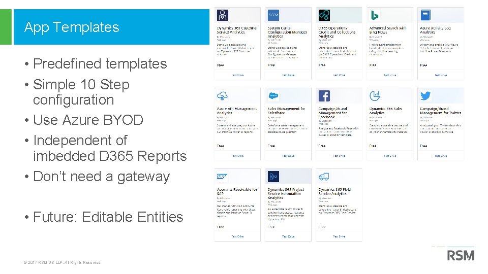 App Templates • Predefined templates • Simple 10 Step configuration • Use Azure BYOD