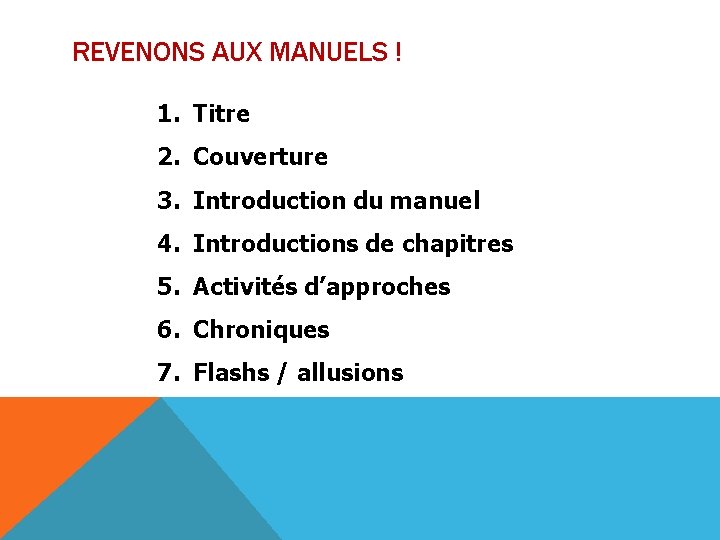 REVENONS AUX MANUELS ! 1. Titre 2. Couverture 3. Introduction du manuel 4. Introductions