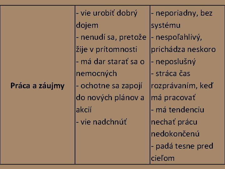 Práca a záujmy - vie urobiť dobrý - neporiadny, bez dojem systému - nenudí