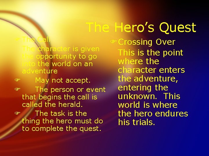 The Hero’s Quest F The Call FCrossing Over The character is given This is