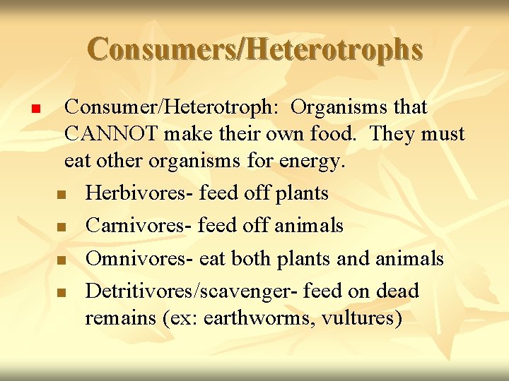 Consumers/Heterotrophs n Consumer/Heterotroph: Organisms that CANNOT make their own food. They must eat other